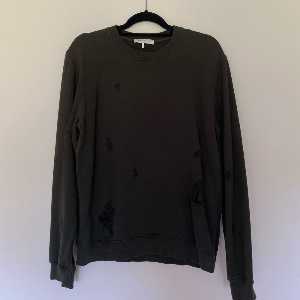 Sandro Distressed Green Long Sleeve Crewneck